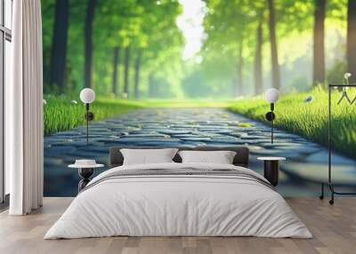 A serene pathway surrounded by lush greenery, perfect for leisurely strolls or a peaceful escape into nature. Wall mural