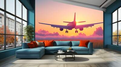 A serene sunset view of an airplane landing, casting silhouettes over a vibrant horizon filled with colors. Wall mural