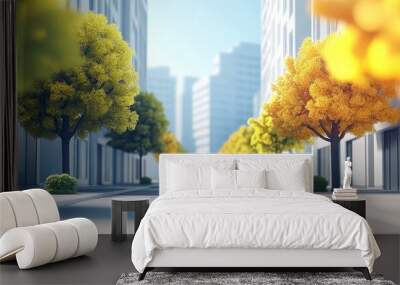 A serene urban street lined with colorful trees, showcasing a modern cityscape in bright sunlight, perfect for nature and city themes. Wall mural