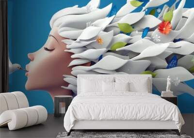 A serene woman with flowing hair made of flowers and leaves, symbolizing nature, peace, and harmony with the environment. Wall mural