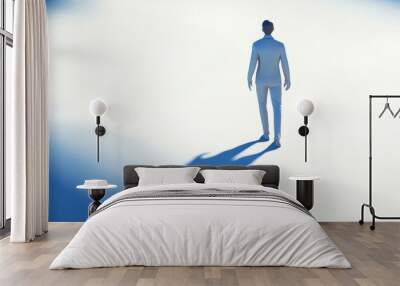 A solitary figure stands in a serene space, casting a long shadow, evoking feelings of introspection and calm. Wall mural