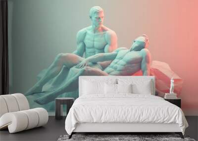 A stunning digital sculpture featuring two male figures in a graceful pose, showcasing artistry and human form against a soft backdrop. Wall mural