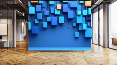 A vibrant blue wall adorned with colorful 3D cubes, creating a dynamic and modern artistic backdrop for creative projects. Wall mural