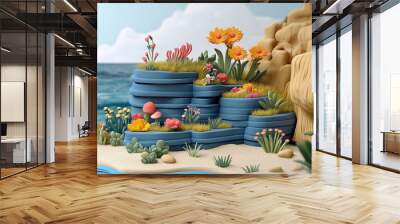 A vibrant coastal landscape featuring colorful flowers and unique rock formations along the serene ocean shore. Wall mural