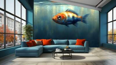 A vibrant goldfish swimming gracefully underwater, showcasing its bright colors and elegant movement in a serene aquatic environment. Wall mural