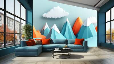 A vibrant low-poly mountain landscape featuring colorful peaks and a serene sky, perfect for creative projects and backgrounds. Wall mural