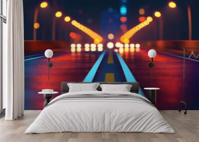 A vibrant night scene of a wet road reflecting colorful lights, highlighting urban beauty and tranquility. Perfect for city atmospheres. Wall mural