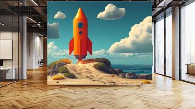 A vibrant orange rocket stands on a sandy beach, surrounded by clouds and clear blue skies, symbolizing exploration and adventure. Wall mural