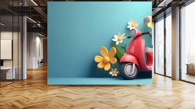 A vibrant red scooter amidst colorful flowers, creating a cheerful and inviting atmosphere for spring or summer themes. Wall mural