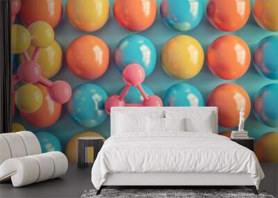 Abstract colorful spheres and molecular structures in a repeating pattern. Wall mural