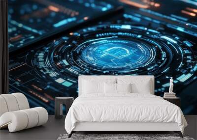 Abstract digital interface showcasing security and technology concepts with glowing circuit patterns and a central lock symbol. Wall mural