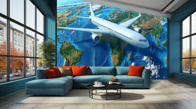 Aerial view of a modern airplane flying over a detailed map of the world, representing international travel and exploration. Wall mural