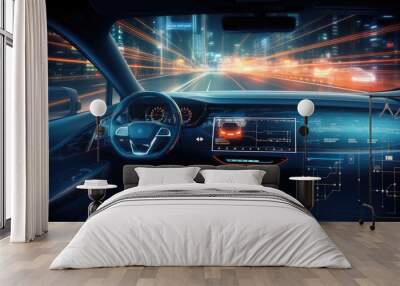 AI Generating picture of a futuristic modern electric car speedometer dashboard interior view with a holographic wireframe digital technology background Wall mural