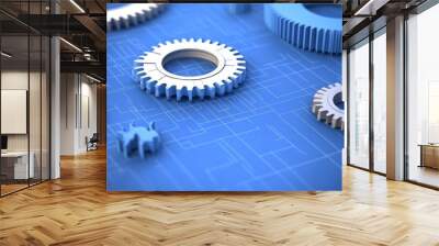 An abstract design featuring blue gears on a digital blueprint background, symbolizing engineering and technology. Wall mural