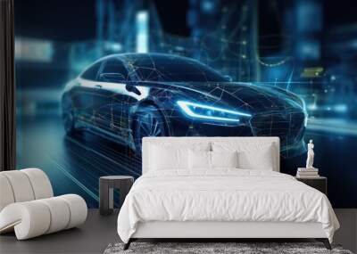 An electric black car with a holographic wireframe  digital technology background.  Wall mural