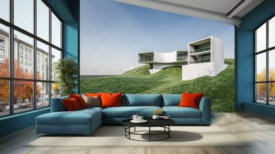 Architecture 3d rendering illustration of minimal modern house design on hill slope with natural view surrounding  Wall mural