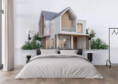 Architecture 3d rendering illustration of modern minimal house on white background Wall mural