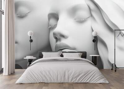 Artistic representation of two serene faces, showcasing beauty and tranquility in a minimalist style, perfect for creative projects. Wall mural