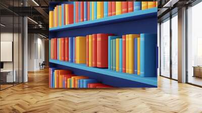 Blue bookshelf filled with colorful books. Wall mural