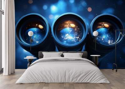 Captivating close-up of three telescope lenses, showcasing a starry universe reflecting through each lens. Wall mural