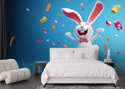 Cheerful cartoon rabbit pops out of a gift box, surrounded by colorful confetti, celebrating joy and happiness. Wall mural