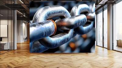 Close-up of a metal chain link, showcasing its texture and strength. Ideal for illustrating connection and durability concepts. Wall mural