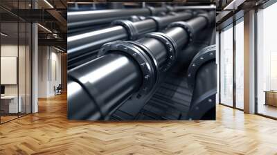 Close-up view of industrial pipes showcasing sleek design and robust construction. Ideal for engineering and manufacturing themes. Wall mural