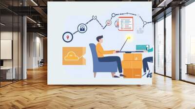 Collaborative workspace illustration depicting two professionals working together with technology and data visualizations. Wall mural