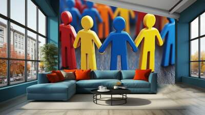 Colorful figurines representing unity and diversity, symbolizing teamwork and collaboration in a playful manner. Wall mural