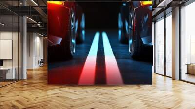 Dynamic shot of two sleek sports cars with glowing taillights on a dark road. Perfect for automotive and nightlife themes. Wall mural