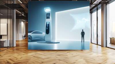 Futuristic electric vehicle charging station with a sleek car and digital display, emphasizing sustainable transportation technology. Wall mural