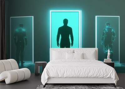 Futuristic scene featuring a human silhouette between two holographic figures, symbolizing technology and advancement. Wall mural