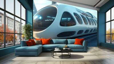 Futuristic train design set in a modern city environment, showcasing advanced technology and sleek architecture. Wall mural