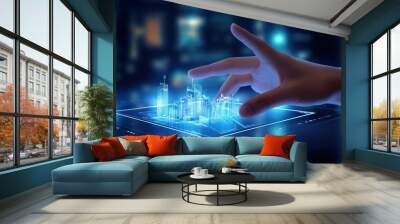 Hand pointing at digital virtual reality modern commercial building hologram on a futuristic HUD background. AI generated 3D image Wall mural