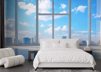 Large window with city view and blue sky.  Sunlight streams in. Wall mural