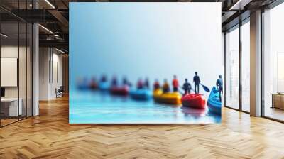 Miniature figures in colorful boats paddling in a line on calm water. Wall mural