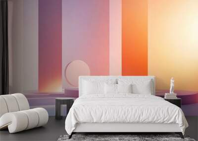 Minimalist product display with two circular podiums, illuminated by warm light against a backdrop of vertical stripes. Wall mural