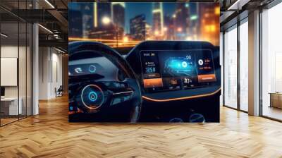 Modern car interior, steering wheel and dashboard. AI generated 3d image
 Wall mural