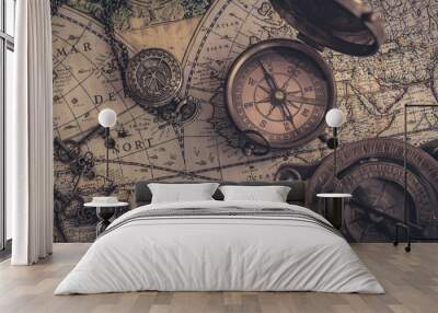 Old Compass On World Map Wall mural