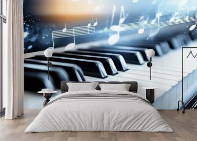 Piano keys with musical notes floating above. Wall mural