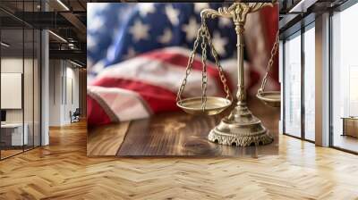 Scales of justice stand on a wooden table with an American flag in the background. Wall mural