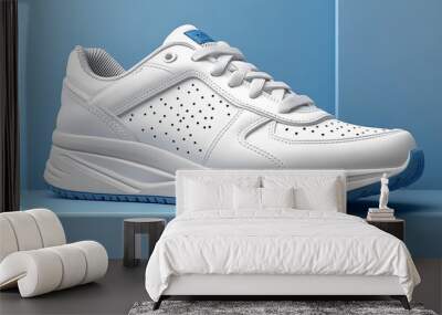 Stylish white athletic shoe with a modern design, perfect for sports and casual wear on blue background. Wall mural