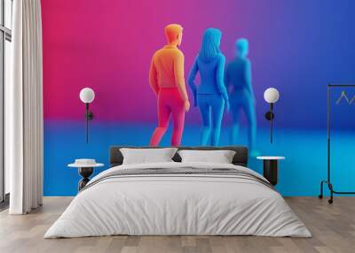 Stylized figures walking together in vibrant colors, symbolizing diversity and connection in a modern digital landscape. Wall mural