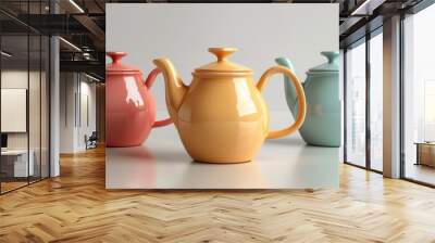 Three colorful ceramic teapots, pink, yellow, and blue, arranged on a white surface. Wall mural