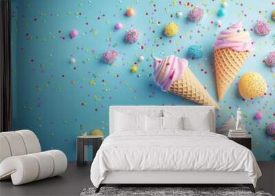 Three ice cream cones with sprinkles and colorful candies on a blue background. Wall mural