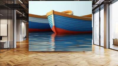 Two beautifully crafted wooden boats floating serenely on calm waters, reflecting vibrant colors in a tranquil setting. Wall mural