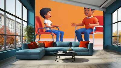 Two children engaging in a lively conversation in a bright, colorful room, enhancing social interaction and communication skills. Wall mural