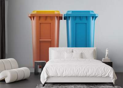 Two colorful recycling bins, one orange and one blue, stand side by side against a gray background. Wall mural