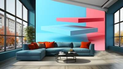 Two floating rectangular platforms, one blue and one red, against a blue and red background. Wall mural