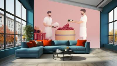 Two men working together in a wine cellar, processing grapes for winemaking. A vibrant scene of collaboration and craftsmanship. Wall mural